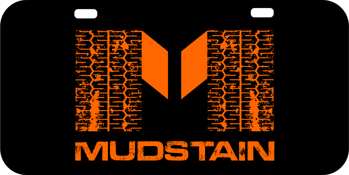 Black license plate with orange 'M' and 'Mudstain' text