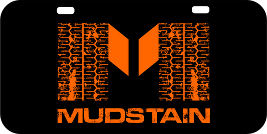 Black license plate with orange 'M' and 'Mudstain' text